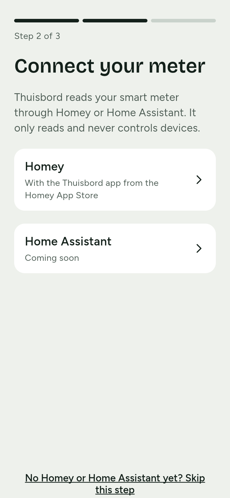 The phone at Connect your meter, with the choices Homey and Home Assistant. Home Assistant still says Coming soon.