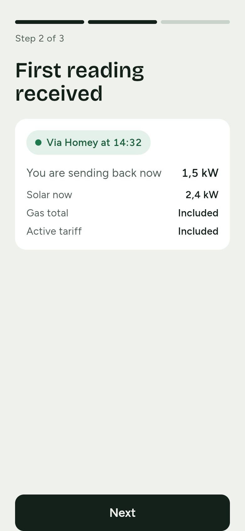 First reading received: via Homey at 14:32. You are sending back 1,5 kW now, solar is 2,4 kW, and the gas total and the active tariff are included.