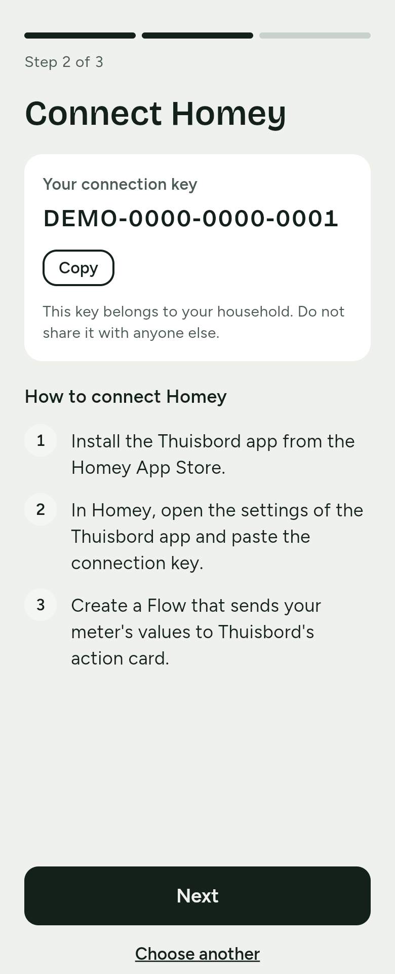 Connect Homey on the phone: the card Your connection key with a sample key and the Copy button, and below it the three steps of How to connect Homey.