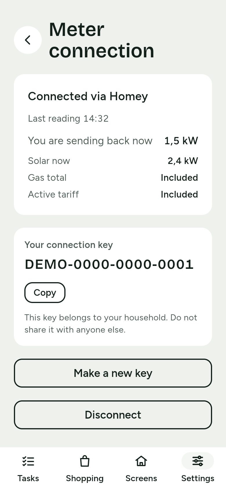 Meter connection: connected via Homey, with the last reading, the connection key and the buttons Make a new key and Disconnect.