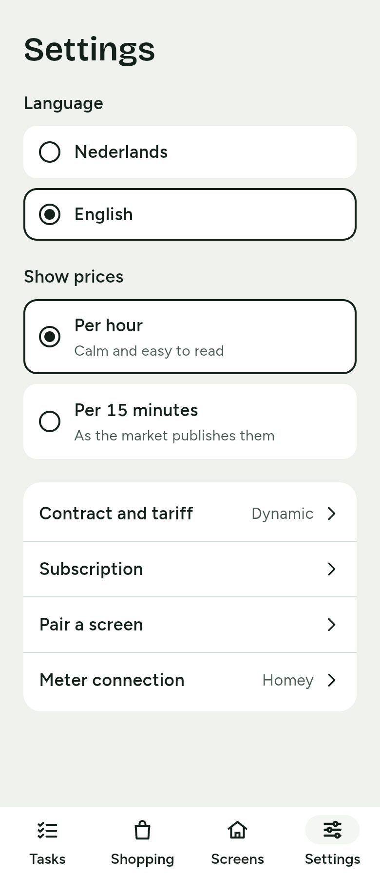 Settings on the phone: Language, Show prices with Per hour and Per 15 minutes, and the rows Contract and tariff, Subscription, Pair a screen and Meter connection.