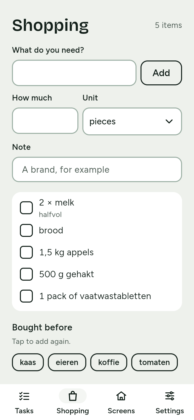 Shopping on the phone: the fields What do you need?, How much, Unit and Note, the Add button, and the list with 2 × melk (halfvol), brood, 1,5 kg appels, 500 g gehakt and 1 pack of vaatwastabletten. At the bottom, Bought before with kaas, eieren, koffie and tomaten.