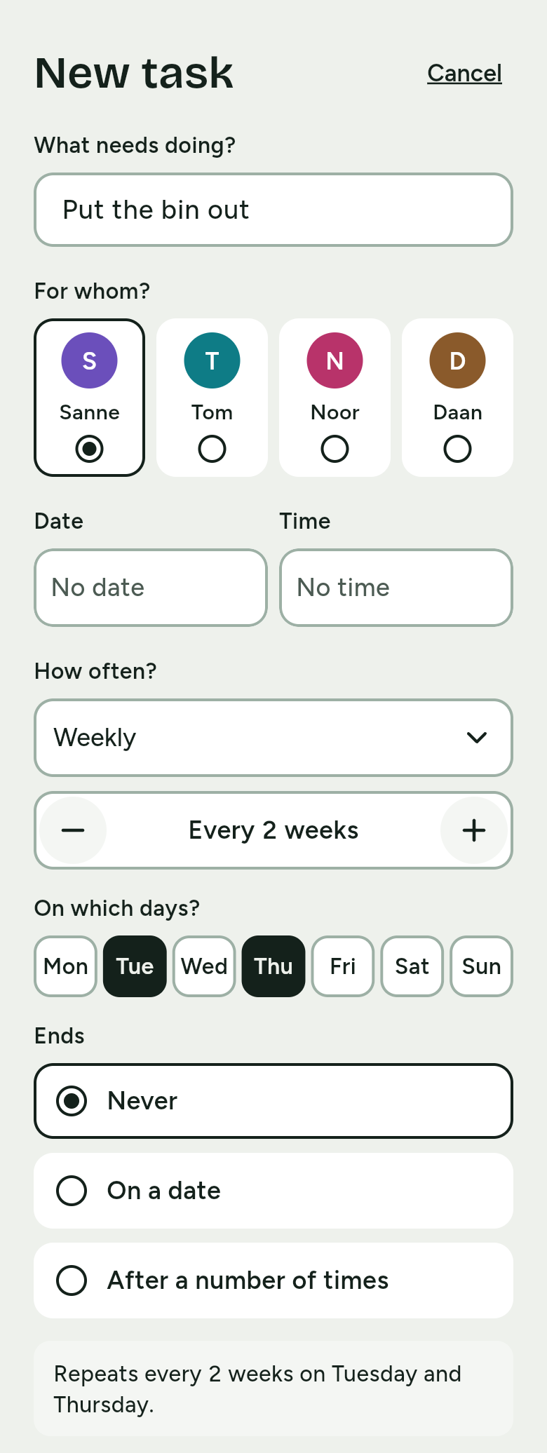 New task on the phone: Put the bin out, for Sanne, without a date or time. How often? is set to Weekly, every 2 weeks, on Tuesday and Thursday, and Ends is set to Never. At the bottom it says Repeats every 2 weeks on Tuesday and Thursday.