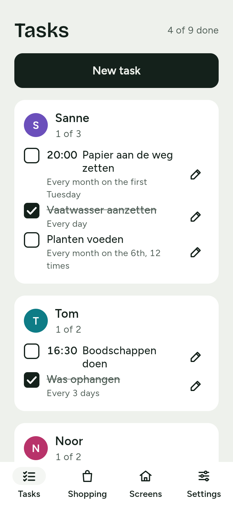 Tasks on the phone: 4 of 9 done, the New task button, and the tasks per family member with how often they repeat, such as Every day and Every month on the first Tuesday.
