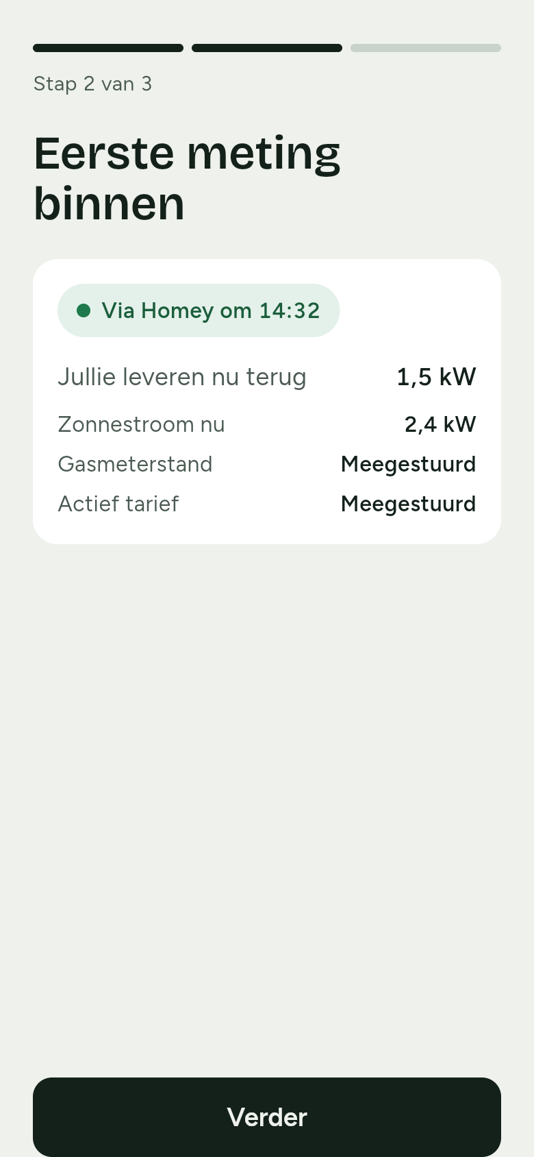 Eerste meting binnen: via Homey om 14:32. Jullie leveren nu 1,5 kW terug, de zonnestroom is 2,4 kW, en de gasmeterstand en het actieve tarief worden meegestuurd.