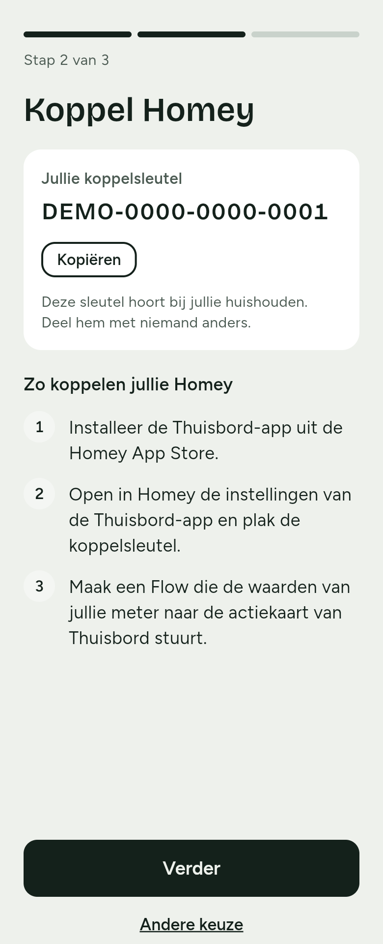 Koppel Homey op de telefoon: de kaart Jullie koppelsleutel met een voorbeeldsleutel en de knop Kopiëren, en daaronder de drie stappen van Zo koppelen jullie Homey.