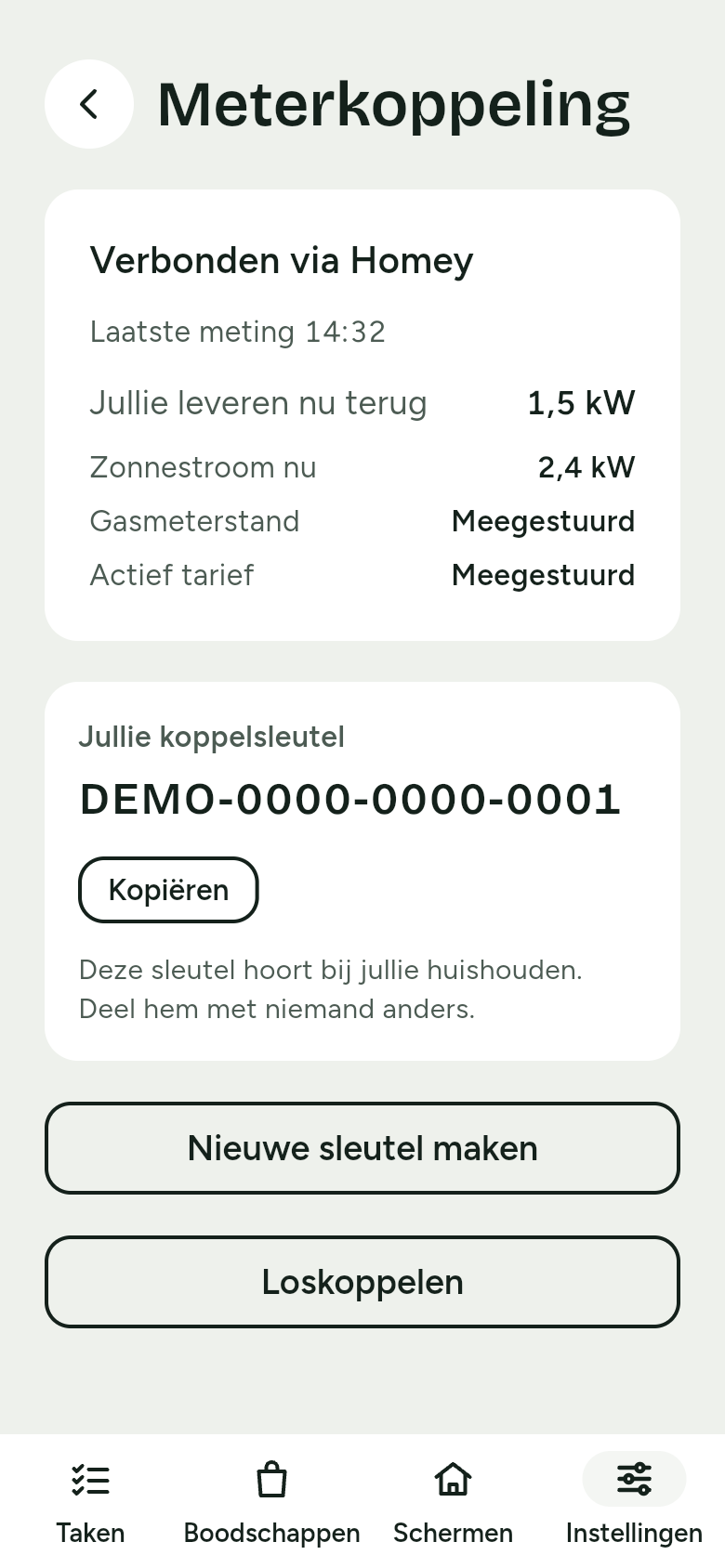 Meterkoppeling: verbonden via Homey, met de laatste meting, de koppelsleutel en de knoppen Nieuwe sleutel maken en Loskoppelen.