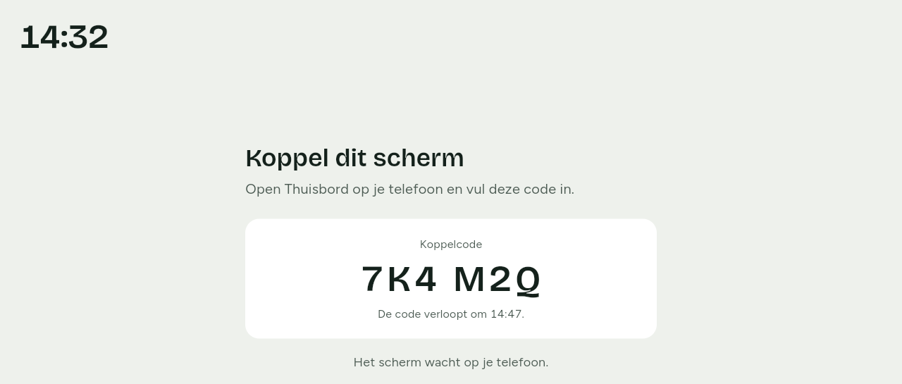 Het scherm met de titel Koppel dit scherm, de tekst Open Thuisbord op je telefoon en vul deze code in, en een koppelcode van zes tekens. Eronder staat hoe laat de code verloopt en dat het scherm op je telefoon wacht.
