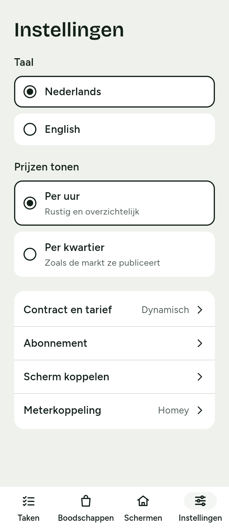 Instellingen op de telefoon: Taal, Prijzen tonen met Per uur en Per kwartier, en de regels Contract en tarief, Abonnement, Scherm koppelen en Meterkoppeling.