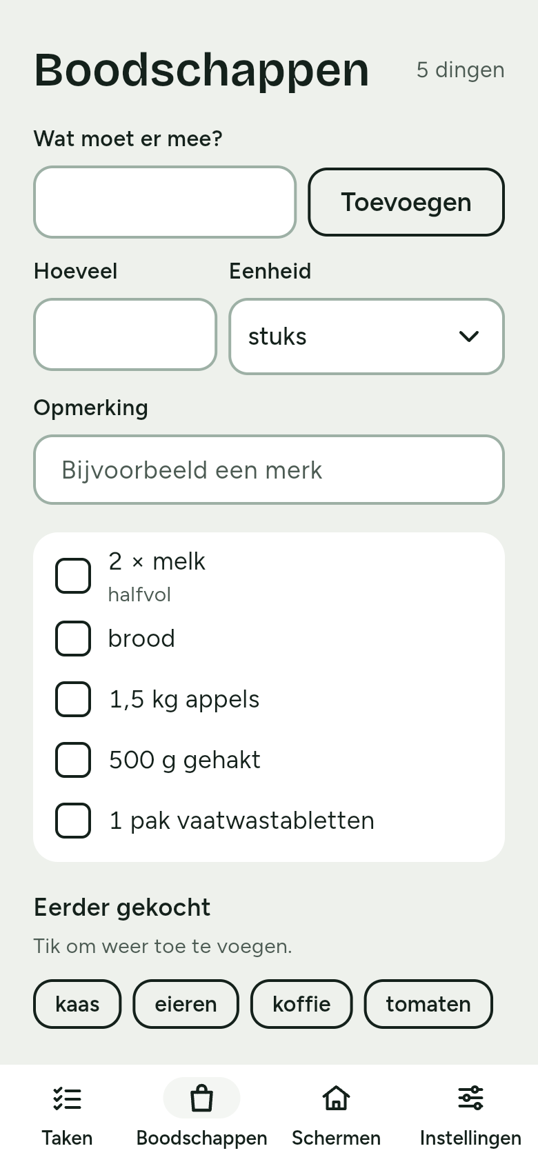 Boodschappen op de telefoon: de velden Wat moet er mee?, Hoeveel, Eenheid en Opmerking, de knop Toevoegen, en de lijst met 2 × melk (halfvol), brood, 1,5 kg appels, 500 g gehakt en 1 pak vaatwastabletten. Onderaan Eerder gekocht met kaas, eieren, koffie en tomaten.