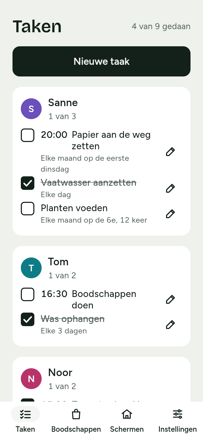 Taken op de telefoon: 4 van 9 gedaan, de knop Nieuwe taak, en de taken per gezinslid met hoe vaak ze terugkomen, zoals Elke dag en Elke maand op de eerste dinsdag.
